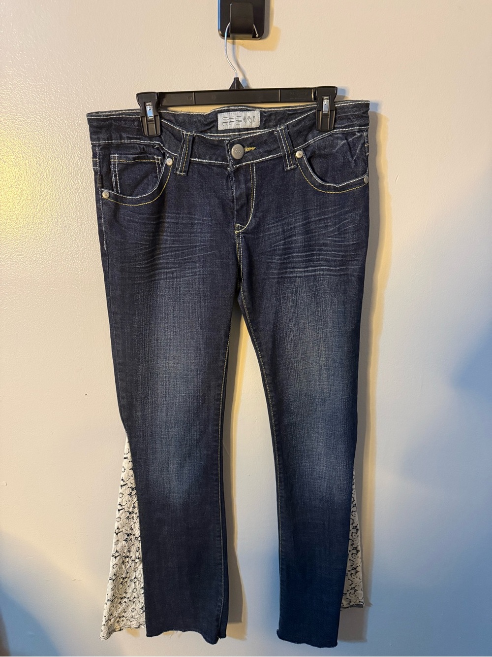 Dark Blue Flare Jeans with White Lace Side Panels